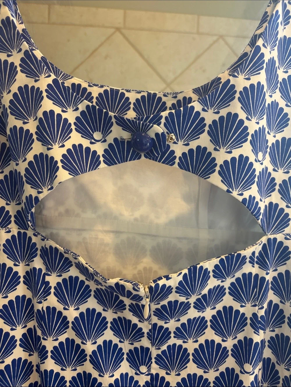 kate spade Blue and White Shell-Print Tie-Shoulder Midi Dress